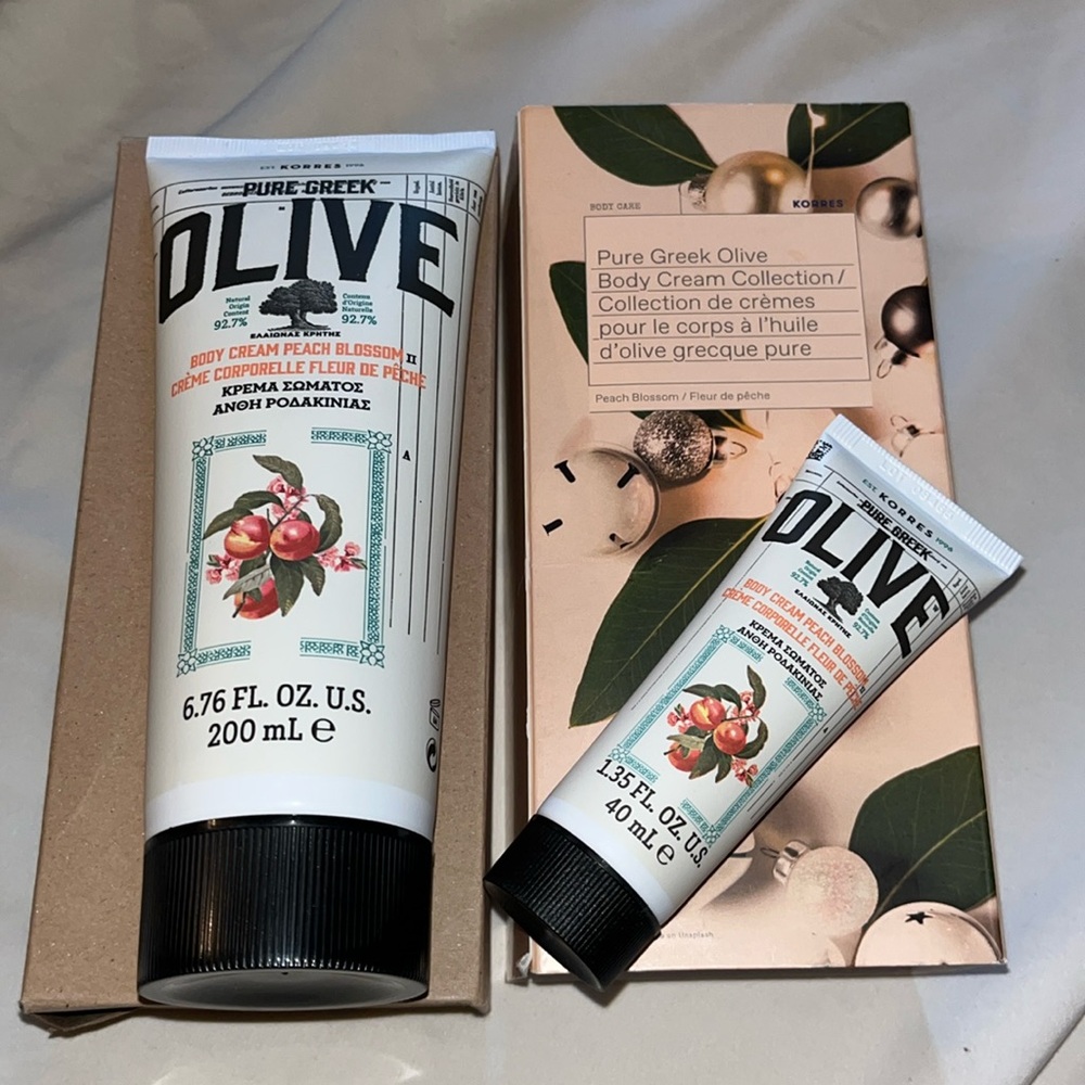 New boxed set of 2 Korres Pure Greek Olive Oil Body Cream Peach Blossom scent